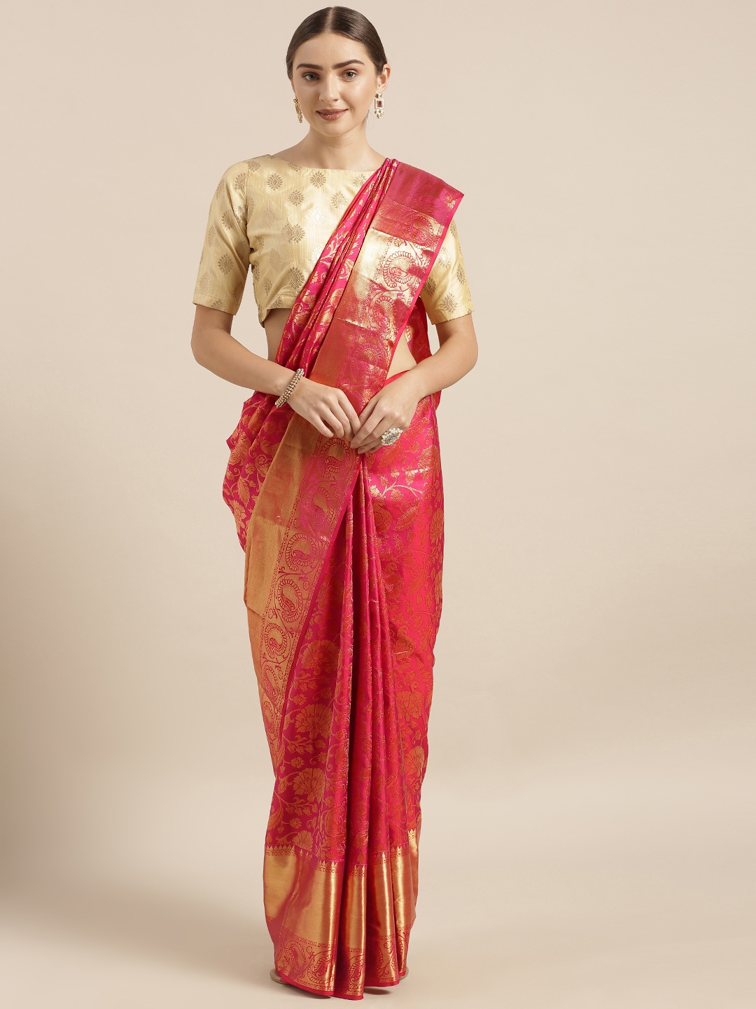 Buy KARAGIRI Pink & Golden Dual Toned Pure Silk Woven Design ...