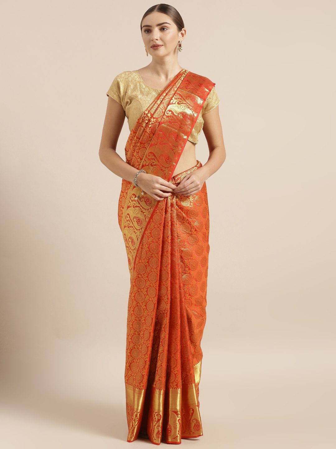 Buy KARAGIRI Red & Golden Pure Silk Woven Design Kanjeevaram Saree ...