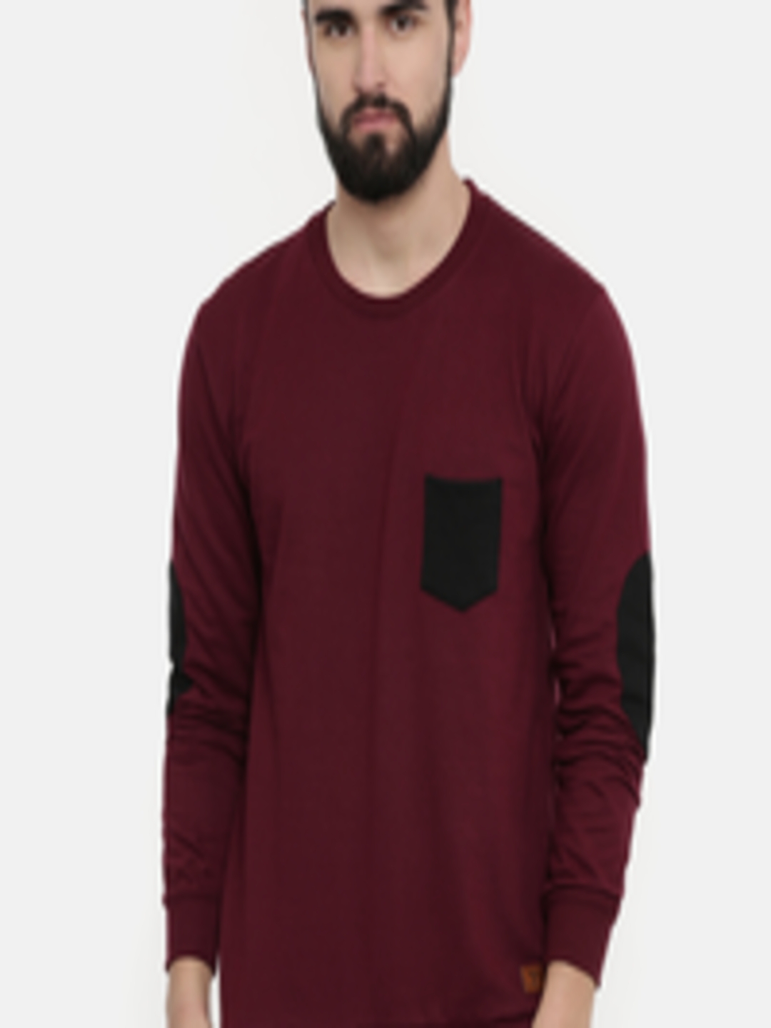 Buy UNSULLY Men Burgundy Solid Sweatshirt With Elbow Patches ...