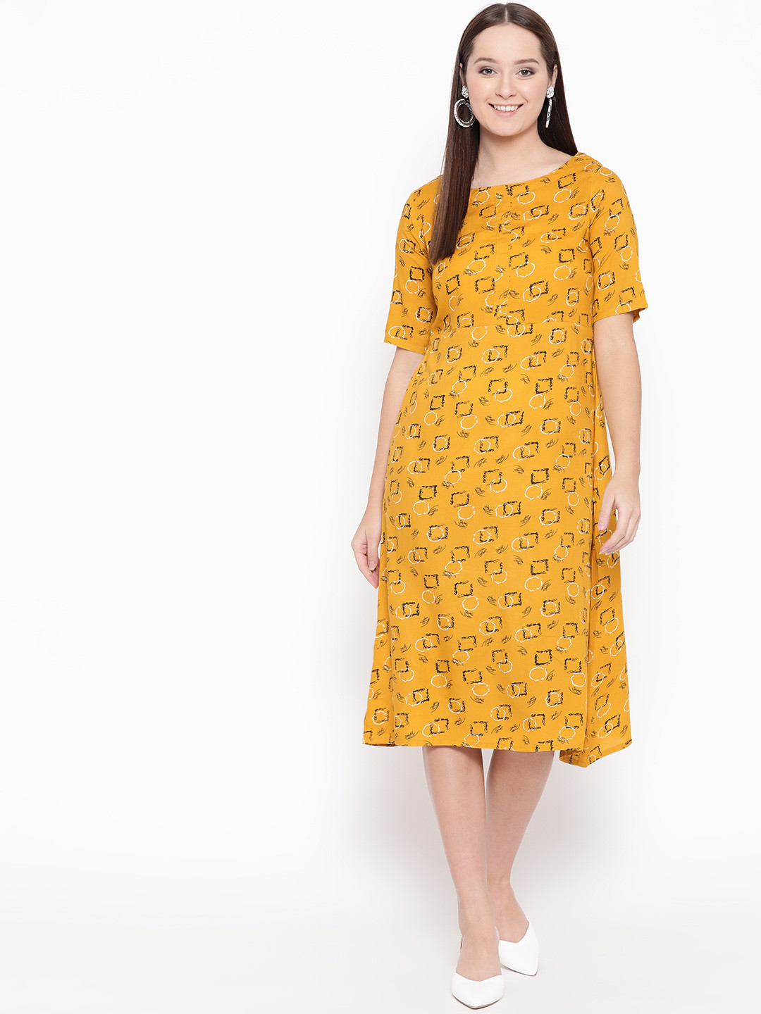 Buy Raano Women Mustard Yellow & Navy Blue Printed A Line Dress