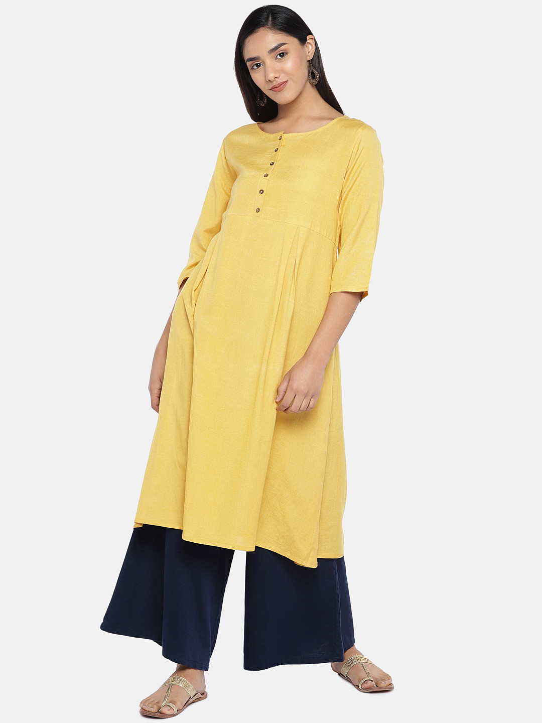Buy Teal19 Women Yellow Solid A Line Kurta Kurtas for Women 11057892