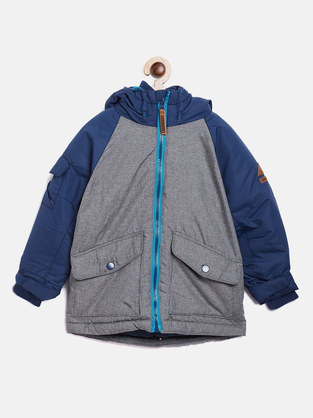 Buy COOL CLUB Boys Grey & Navy Blue Solid Waterproof Hooded Padded