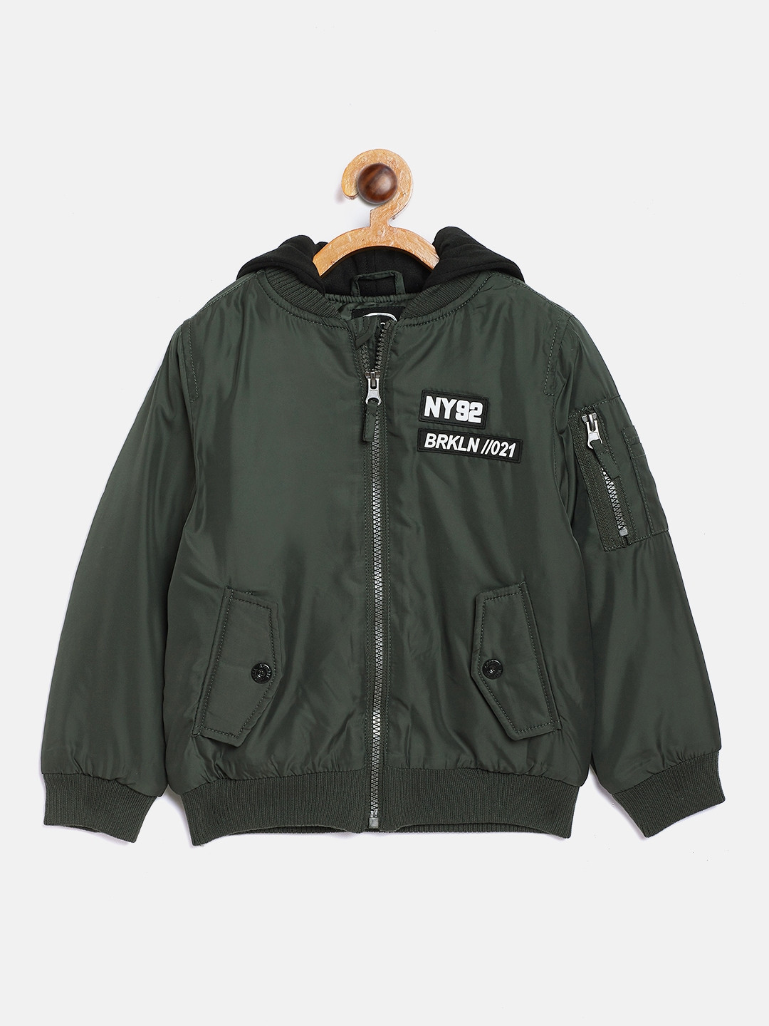 Buy COOL CLUB Boys Olive Green Solid Waterproof Hooded Bomber Jackets