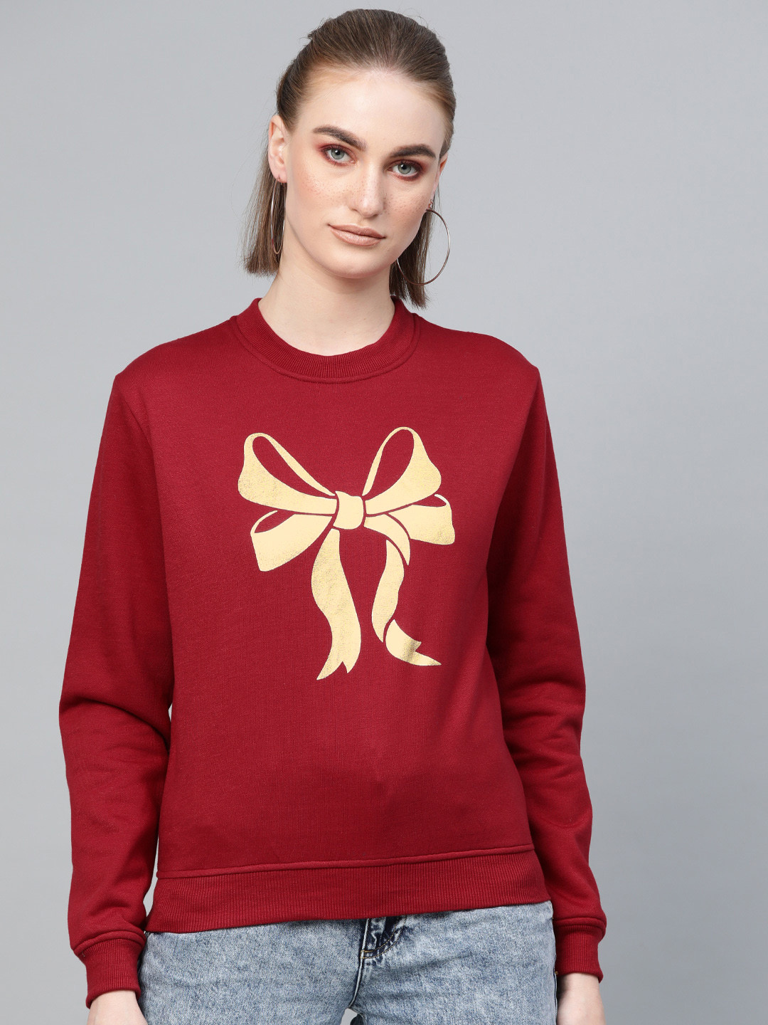 Buy SASSAFRAS Women Maroon & Golden Foil Print Sweatshirt Sweatshirts