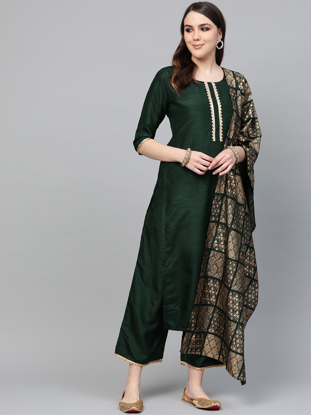Buy Libas Hunter Green Gotta Chanderi Kurta Set With Festive Traditional Stole - Kurta Sets for