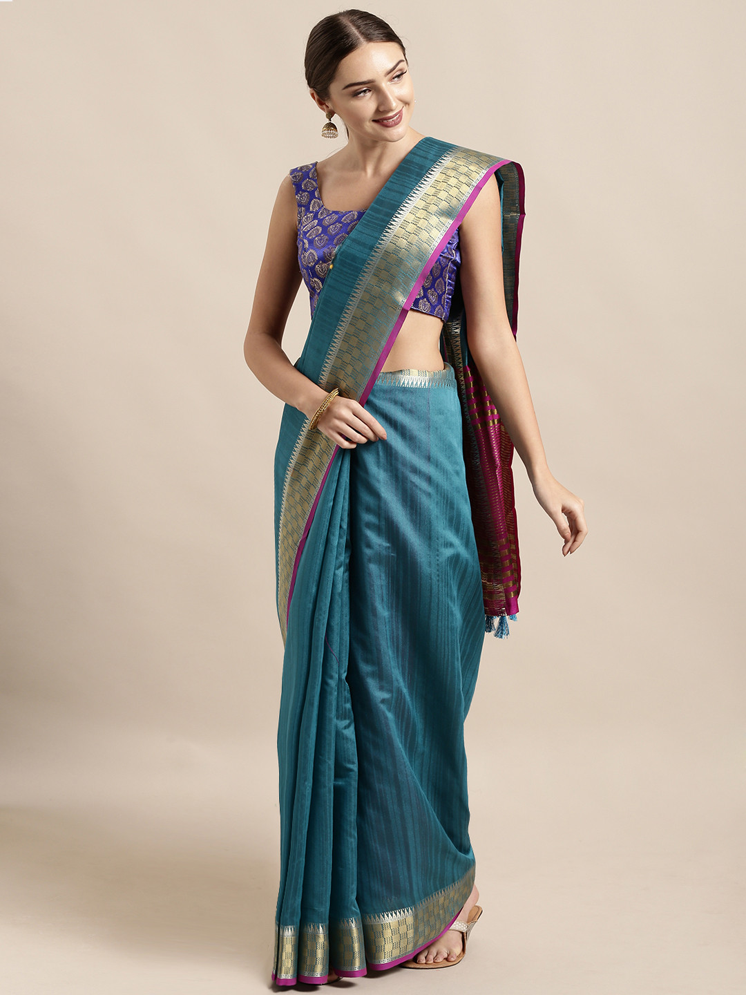 Buy Mitera Teal Blue Silk Blend Woven Design Chanderi Saree Sarees