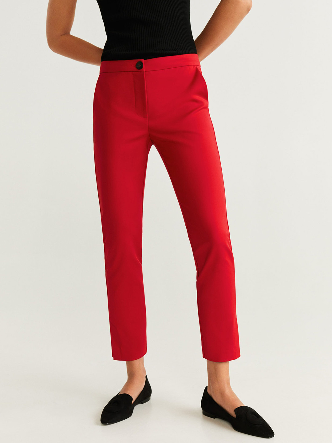 Buy MANGO Women Red Regular Fit Solid Cropped Trousers Trousers for