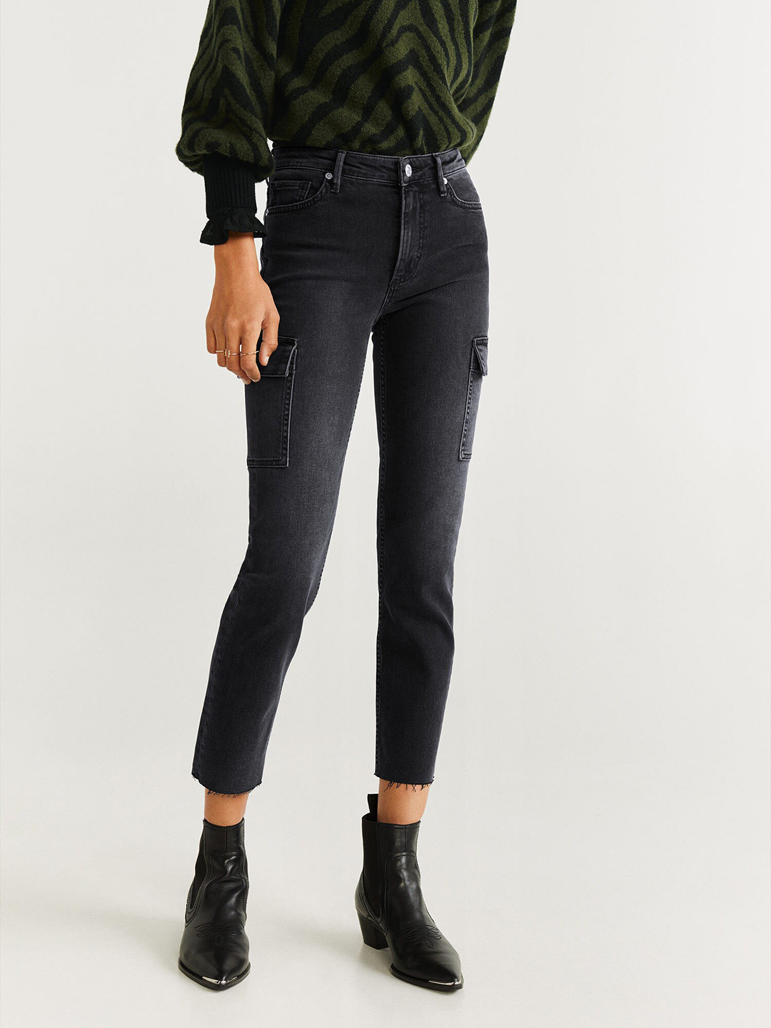 Buy MANGO Women Charcoal Grey Slim Fit Mid Rise Clean Look Stretchable