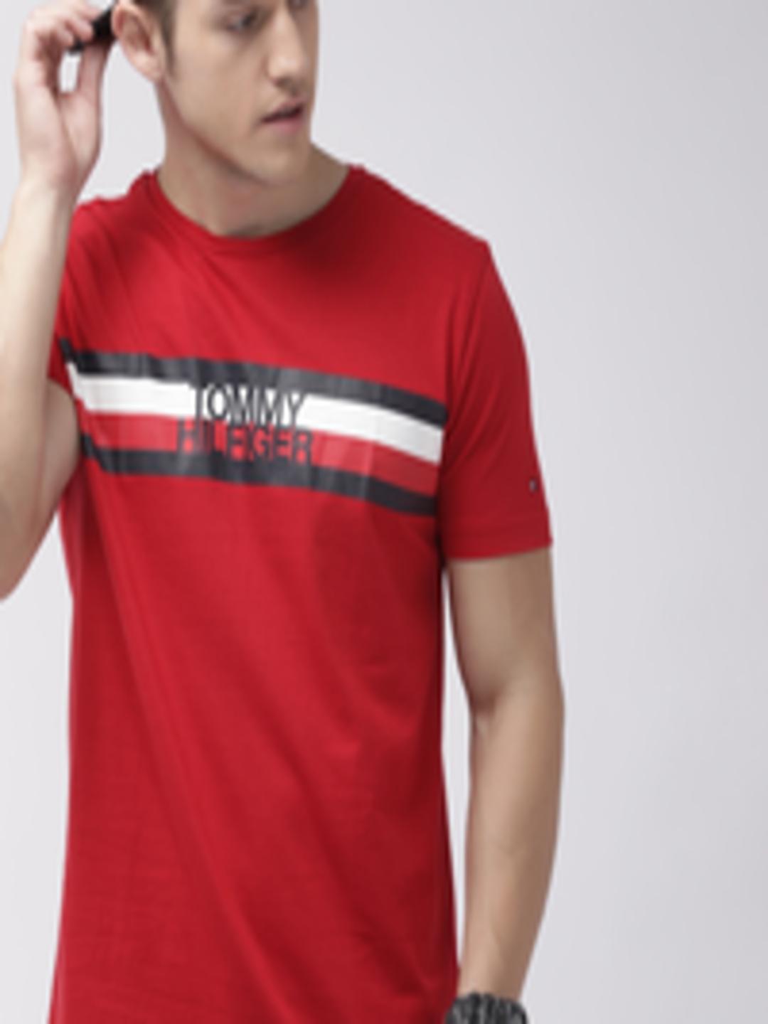 Buy Tommy Hilfiger Men Red Black Striped Round Neck Pure Cotton T Shirt ...