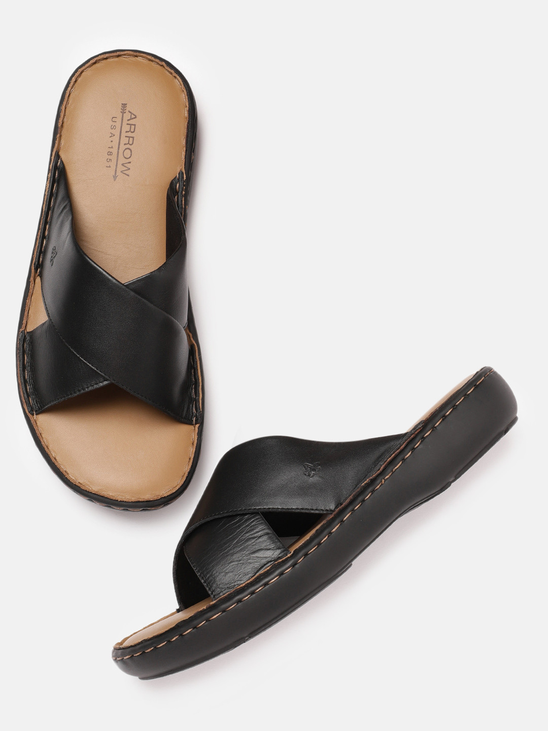 Buy Arrow Men Black Leather Sandals - Sandals for Men 11076948 | Myntra