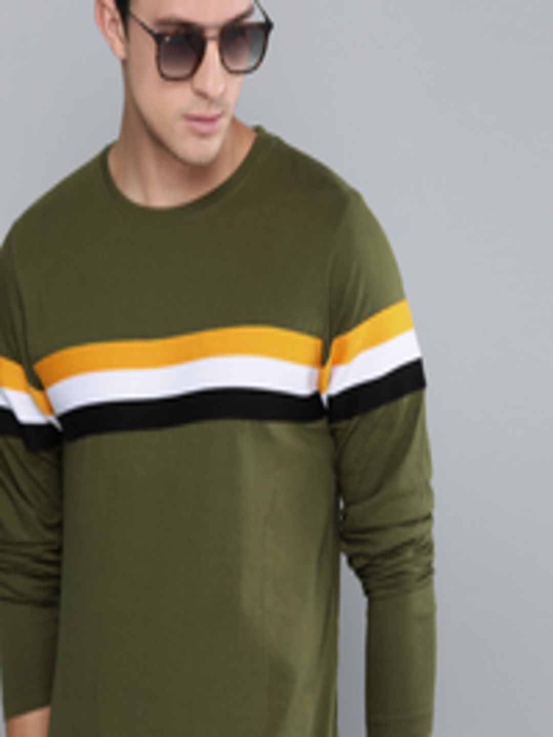 Buy Difference Of Opinion Men Olive Green Striped Round Neck T Shirt ...