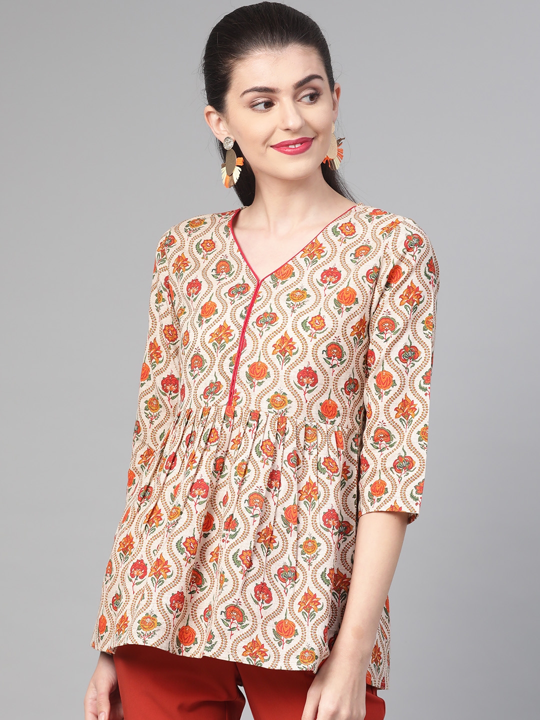 Buy Nayo Beige & Orange Printed Tunic - Tunics for Women 11080376 | Myntra