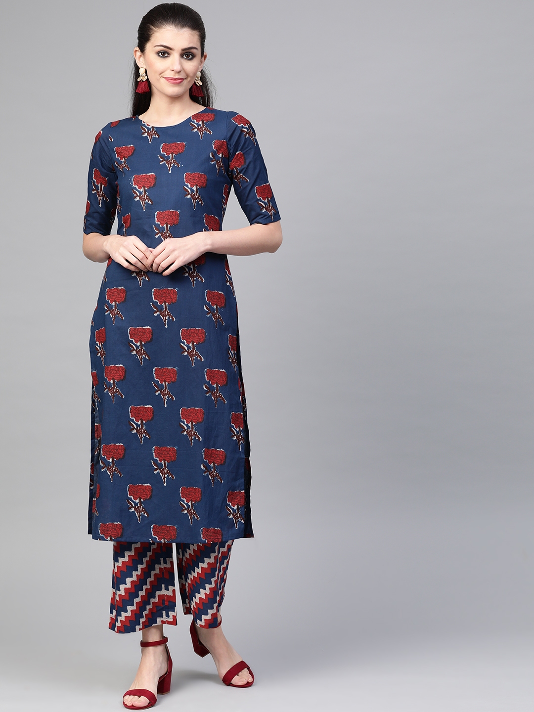 Buy Nayo Women Navy Blue And Maroon Printed Kurta With Palazzos Kurta Sets For Women 11080416 7271