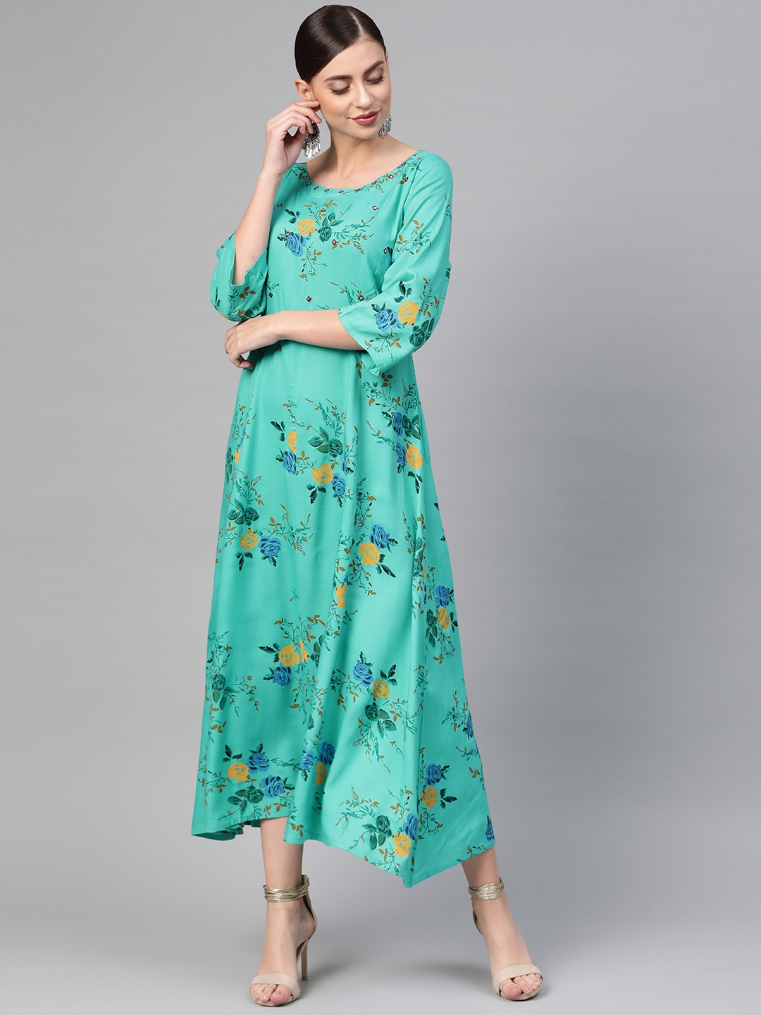 Buy ANAISA Women Turquoise Blue Floral Printed Maxi Dress - Dresses for ...