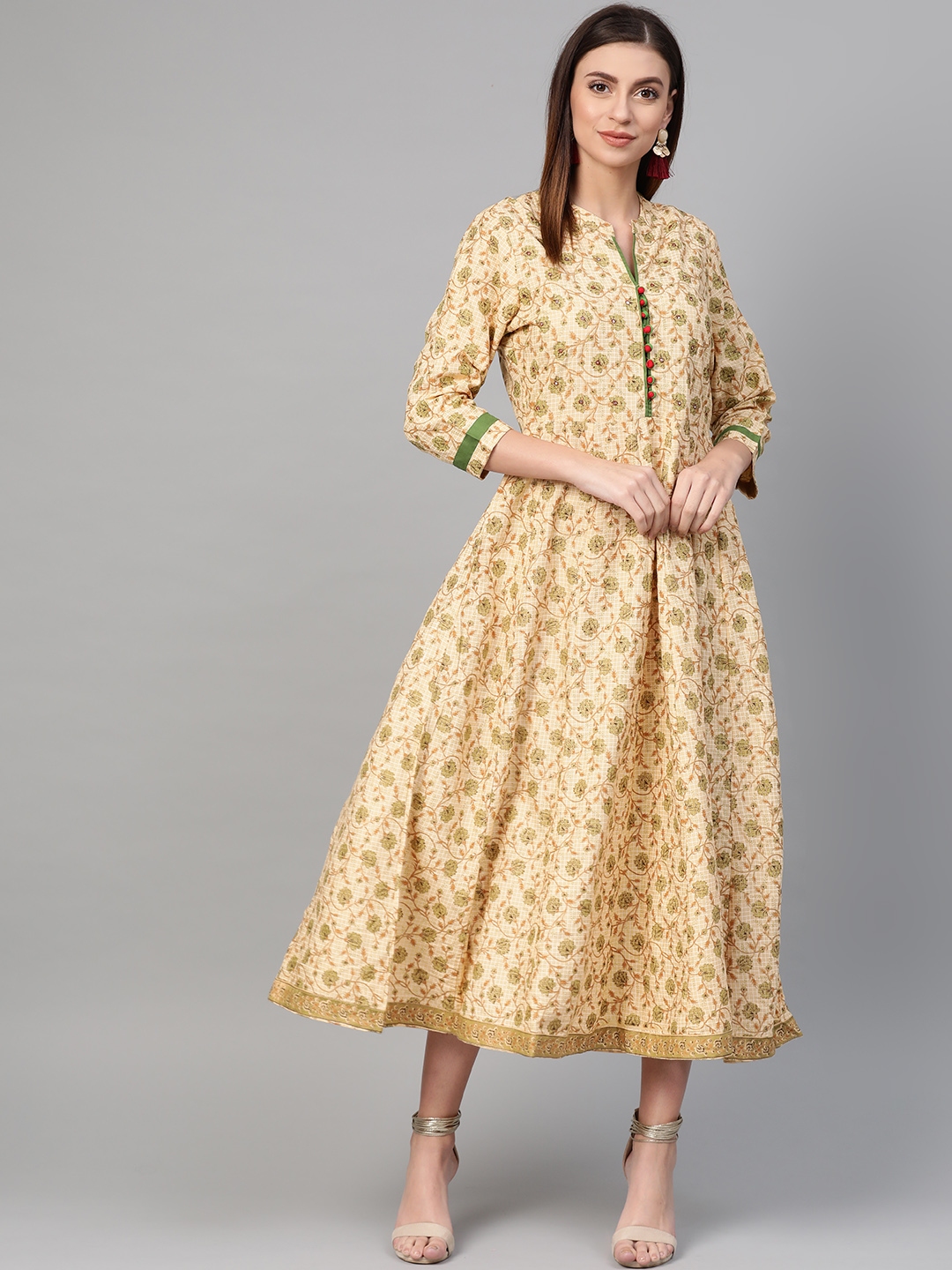 Buy ANAISA Women Beige & Green Printed A Line Dress - Dresses for Women 11090912 | Myntra