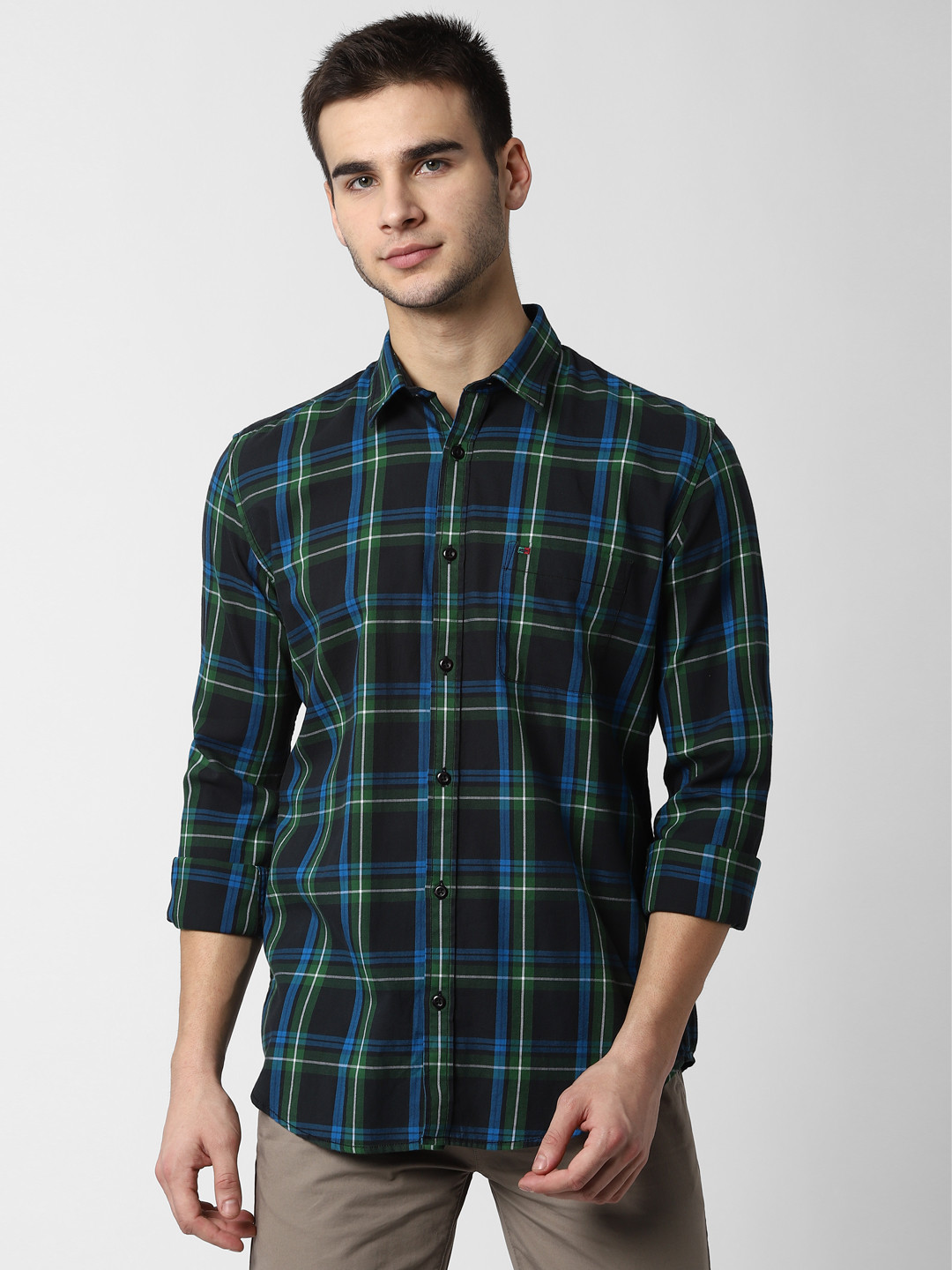 Buy Peter England Casuals Men Black & Green Slim Fit Checked Casual