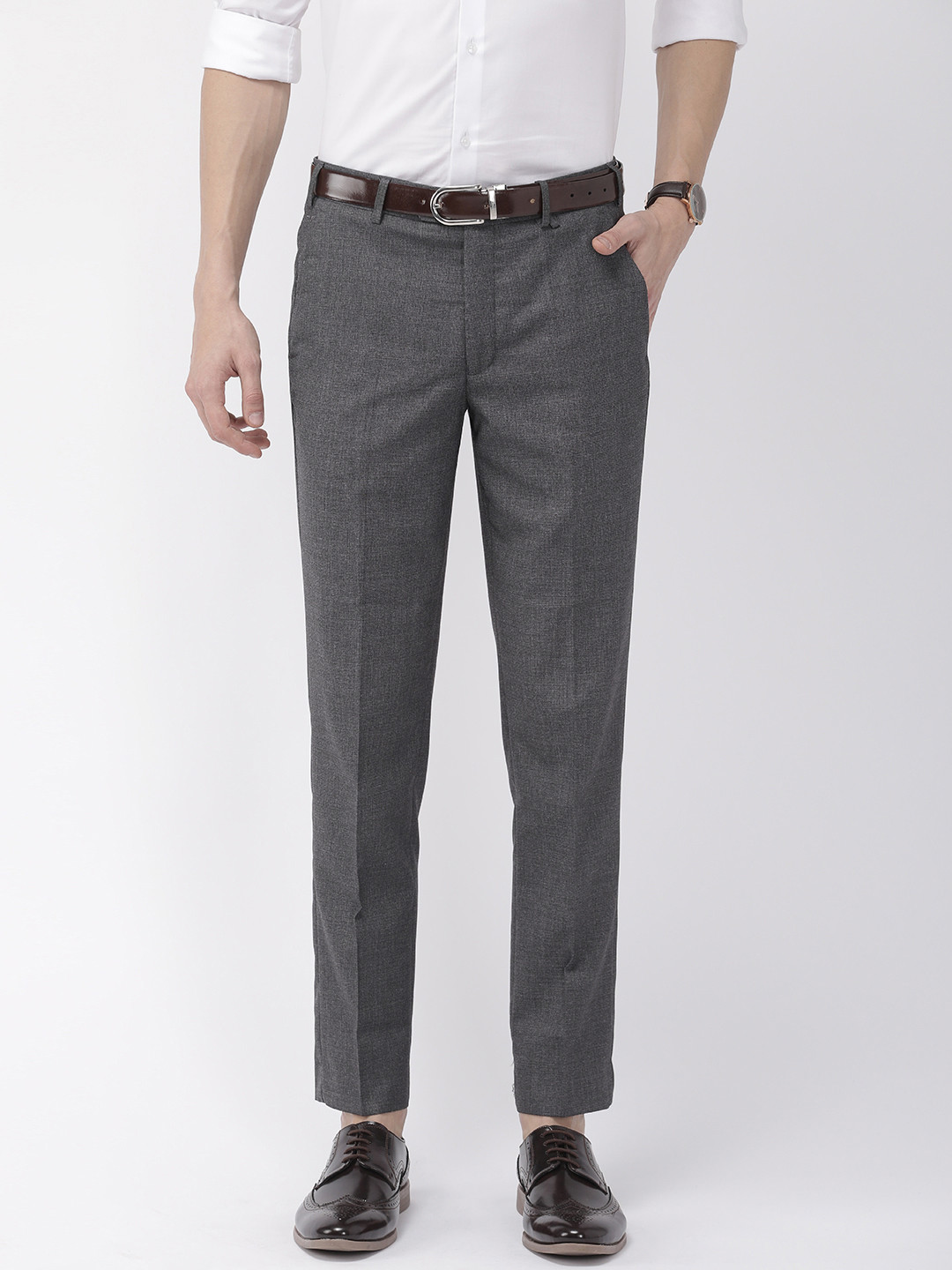 Buy Park Avenue Men Charcoal Grey Neo Fit Solid Formal Trousers ...