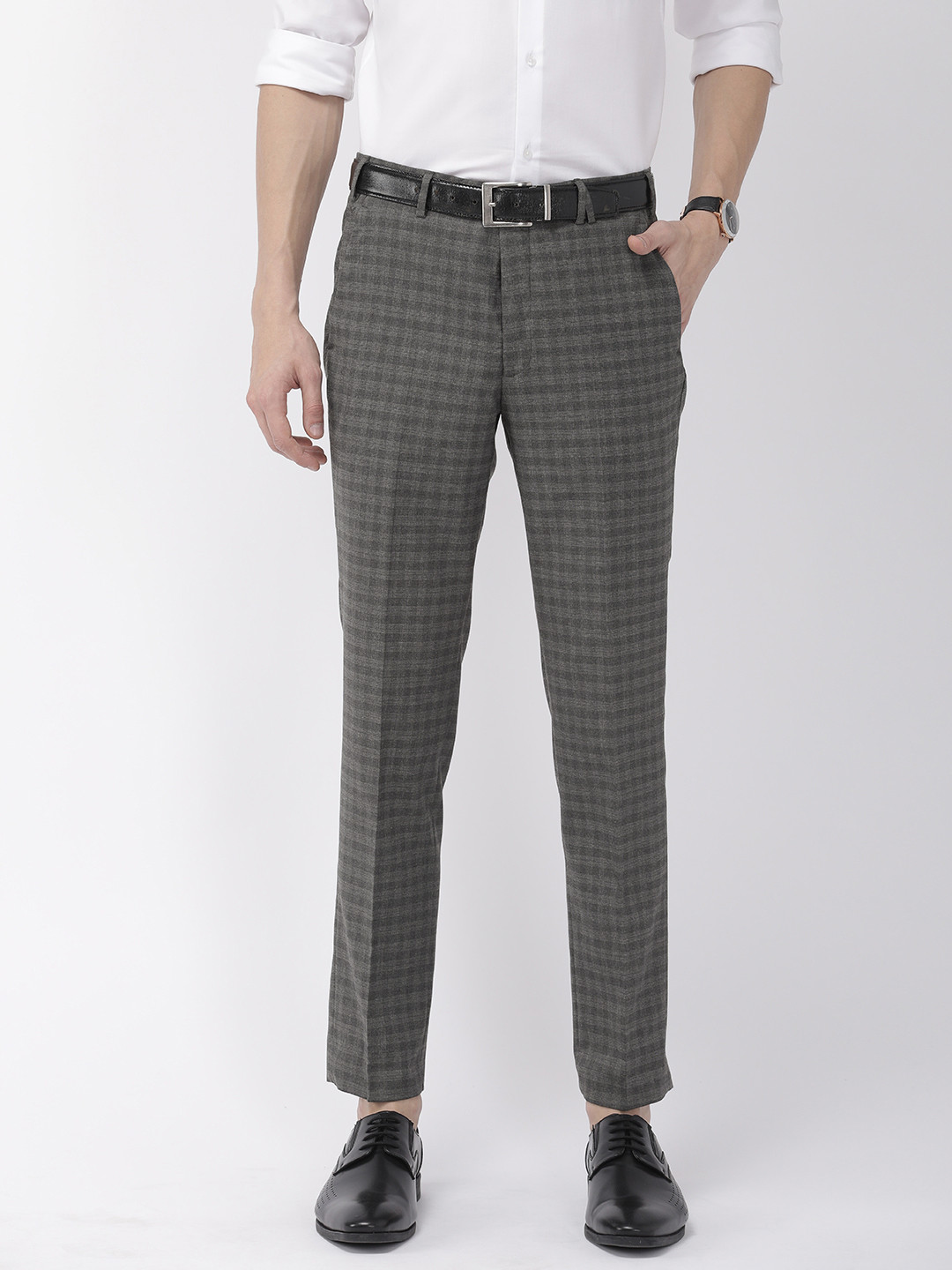 Buy Park Avenue Men Grey Neo Fit Checked Formal Trousers - Trousers for ...