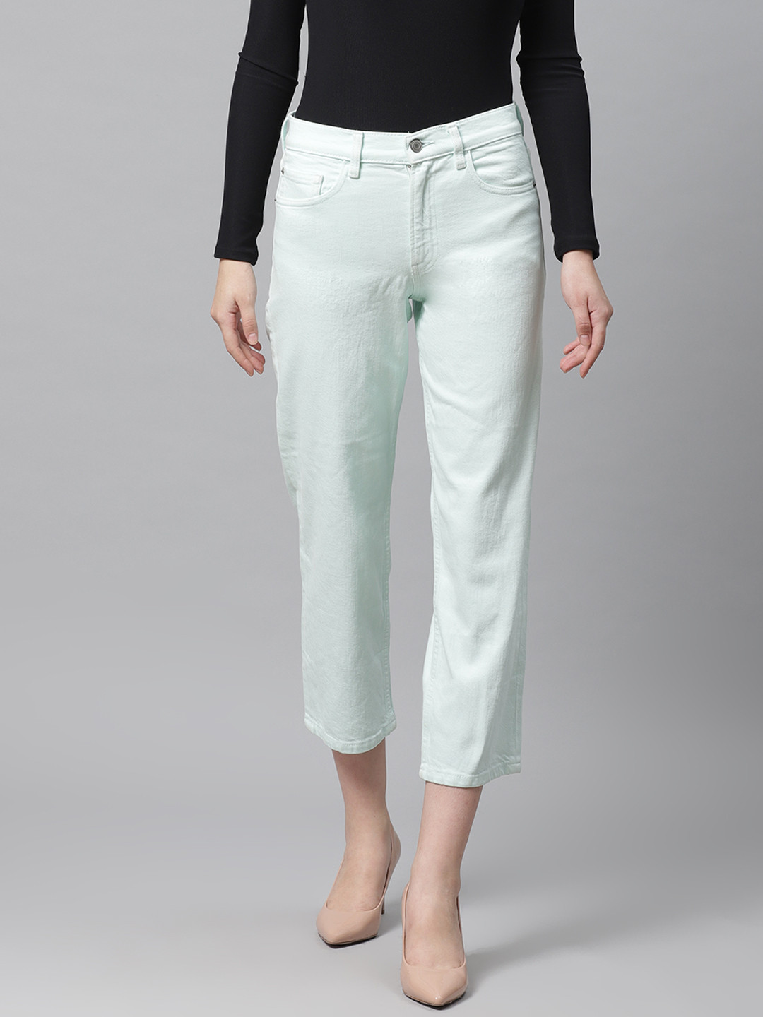 Buy Marks & Spencer Women Sea Green Straight Fit Clean Look Stretchable