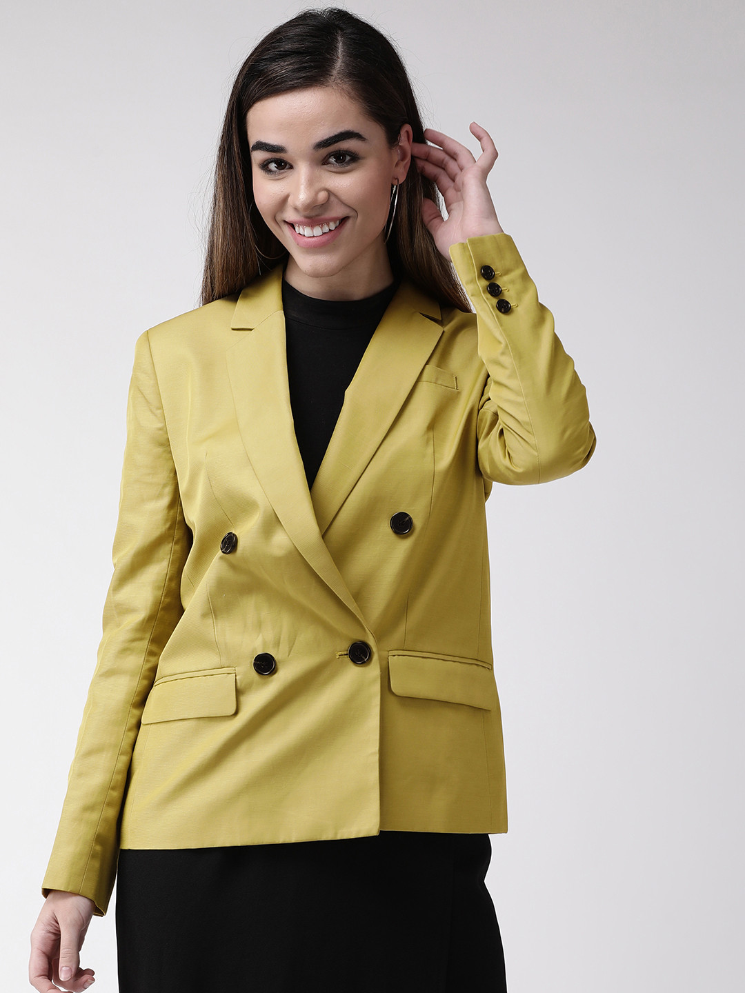 Buy Marks & Spencer Women Lime Green Solid Double Breasted Blazer