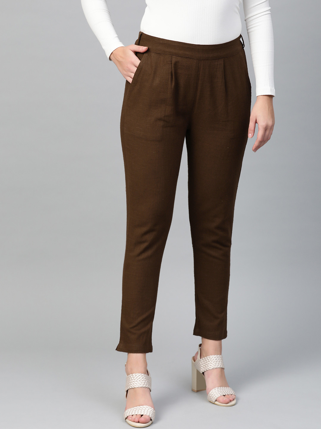 Buy YASH GALLERY Women Coffee Brown Regular Fit Solid Trousers ...
