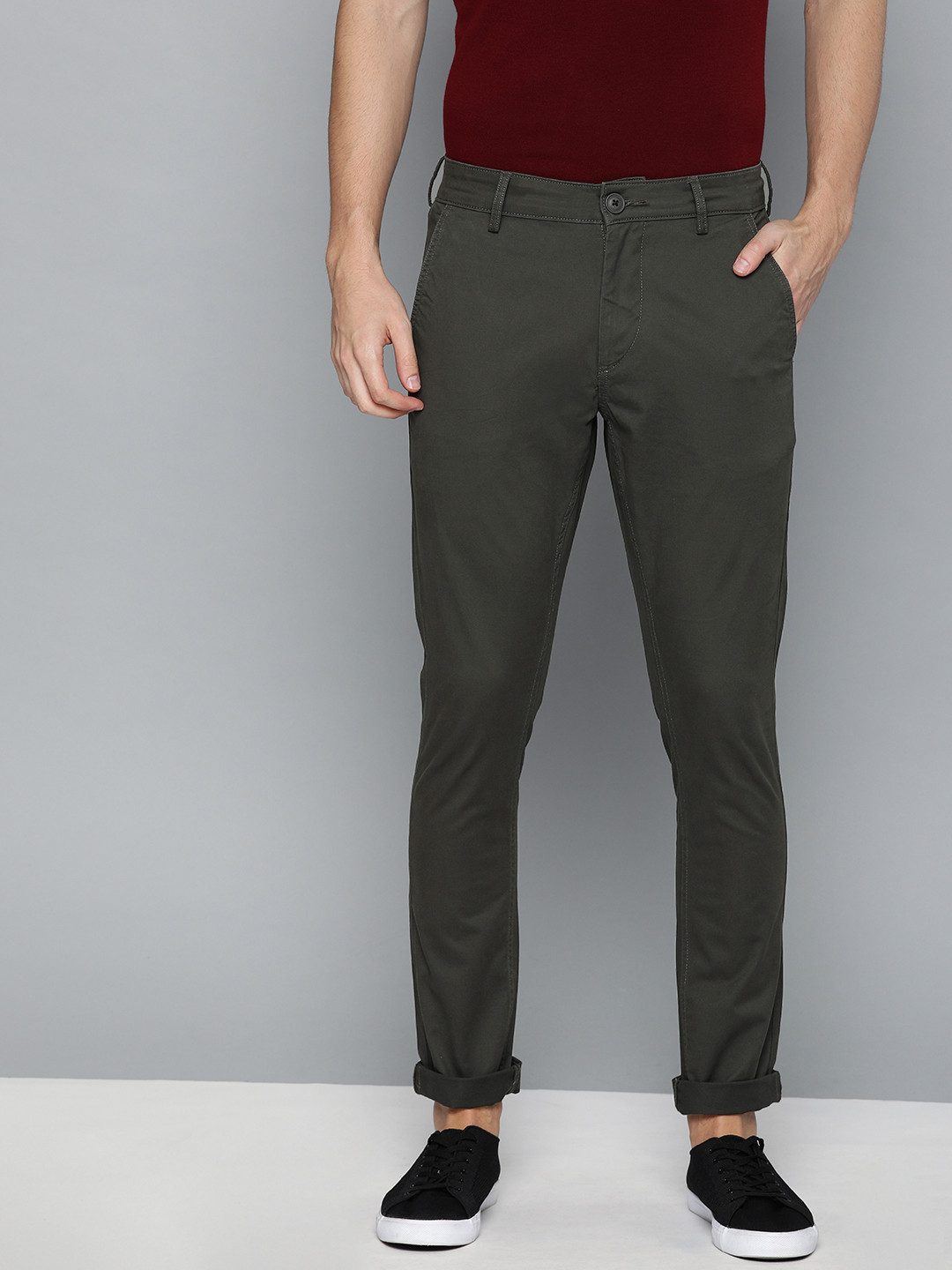 Buy Harvard Men Olive Green Slim Fit Solid Chinos - Trousers for Men ... image.