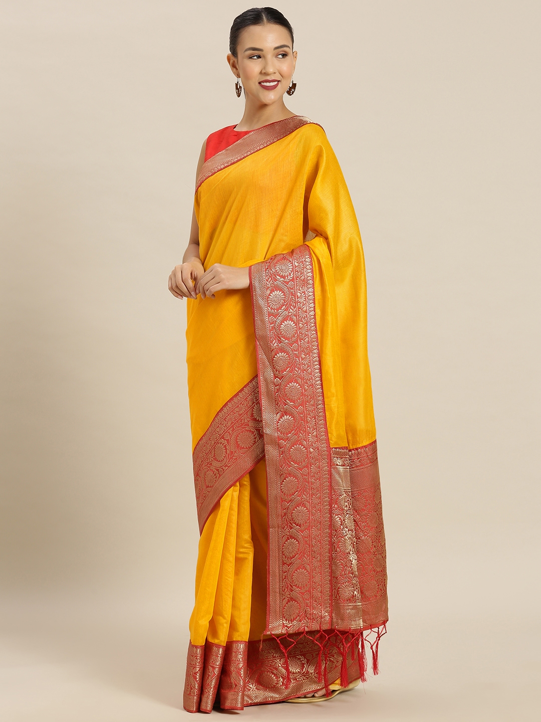 Buy Mitera Yellow Cotton Blend Solid Banarasi Saree - Sarees for Women 11099672 | Myntra