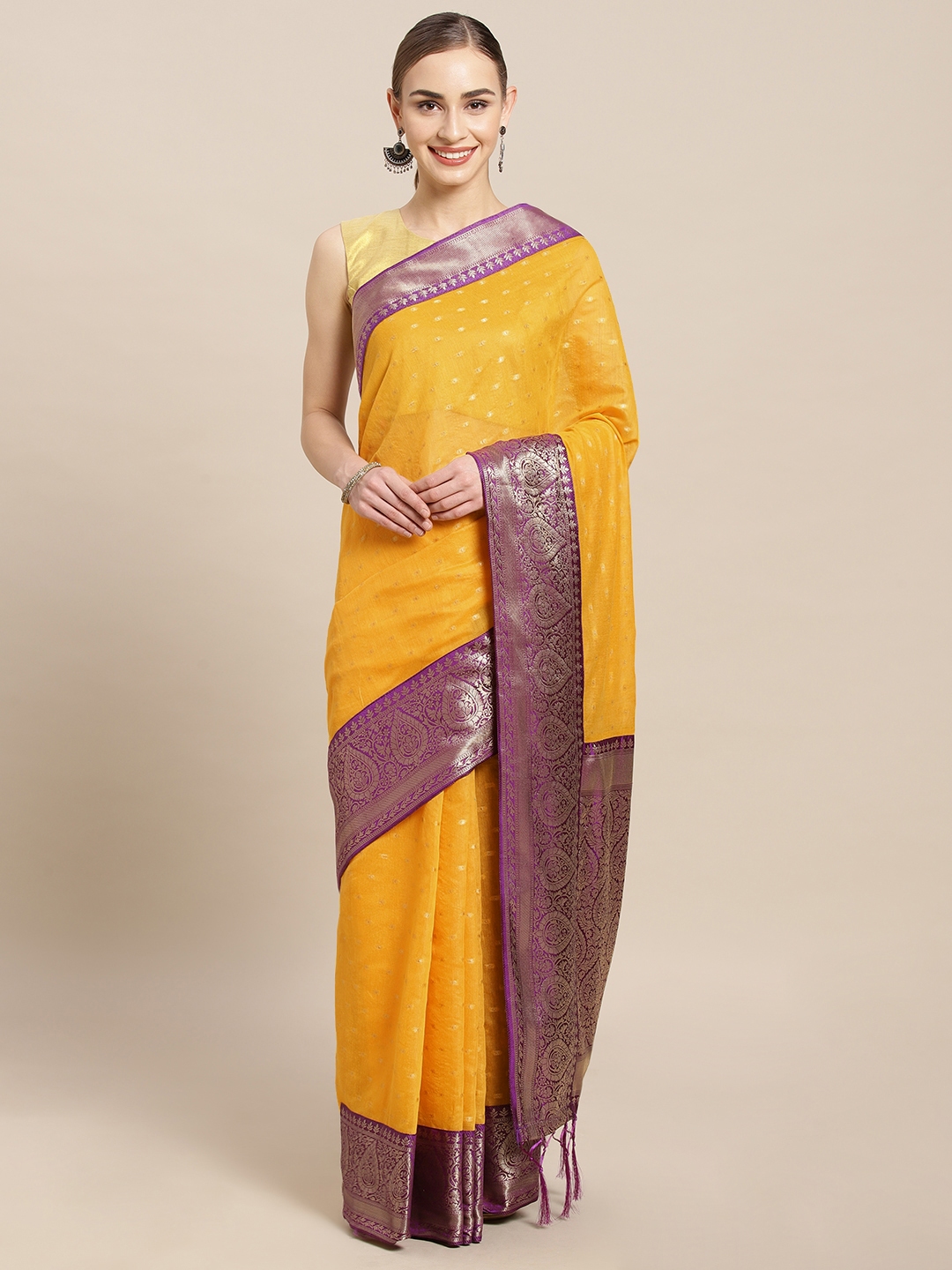 Buy Mitera Yellow Cotton Blend Woven Design Banarasi Saree - Sarees for ...