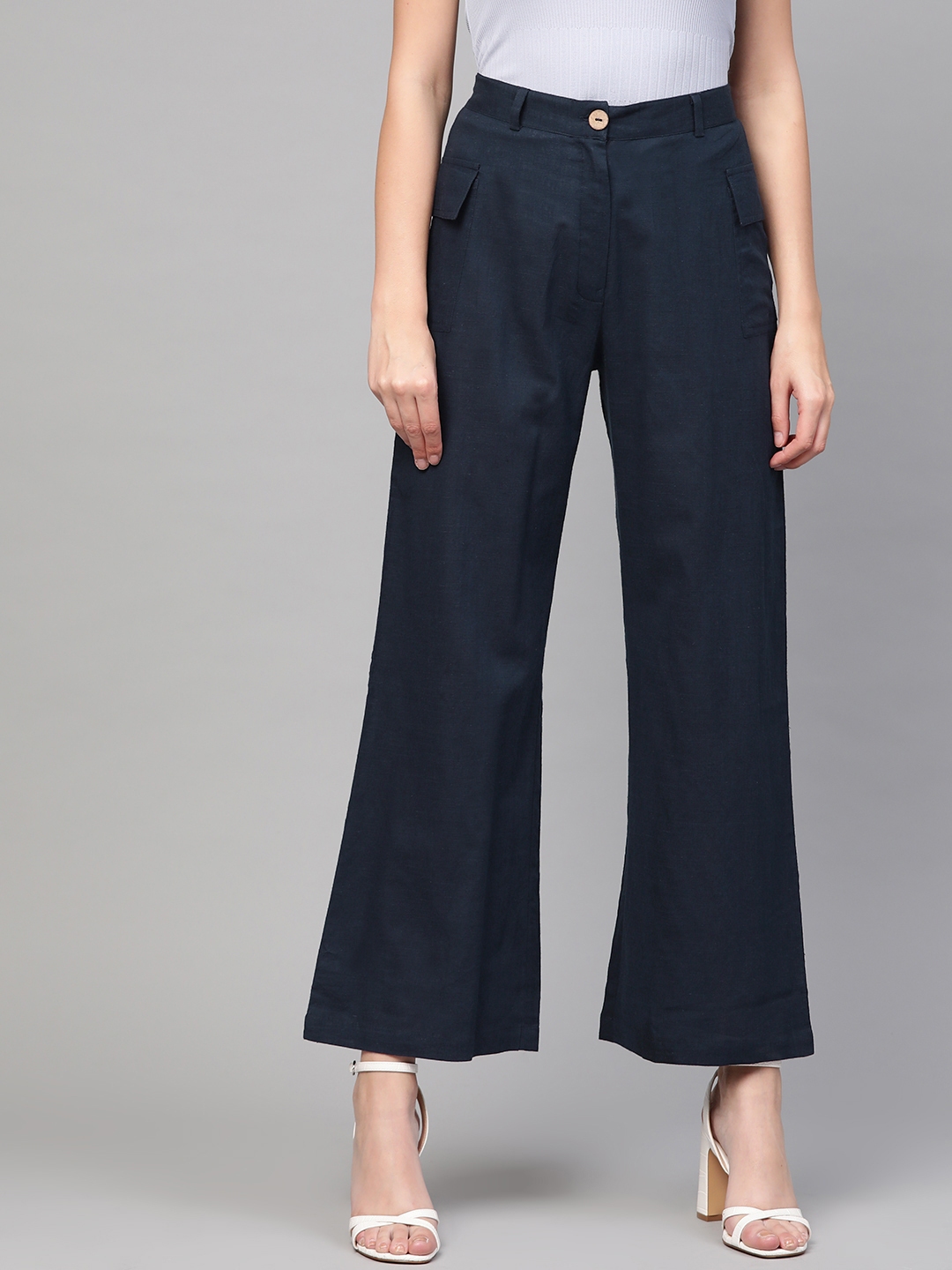 Buy Idalia Women Navy Blue Loose Fit Solid Parallel Trousers - Trousers ...