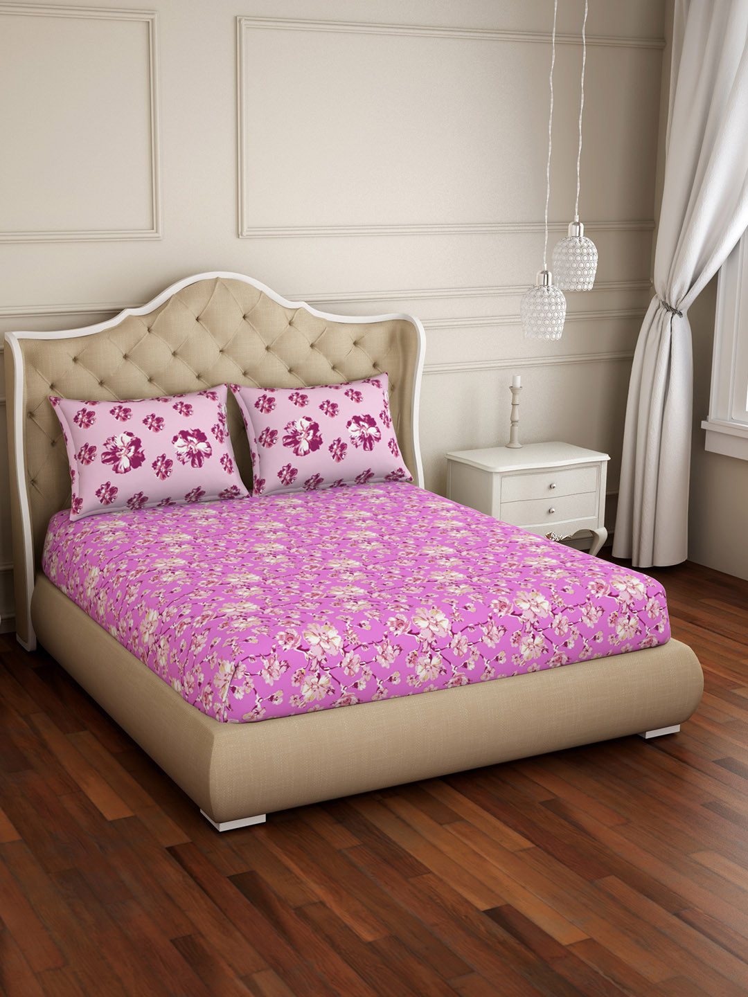 Buy SPACES Pink Floral 144 TC Cotton 1 Queen Bedsheet With 2 Pillow