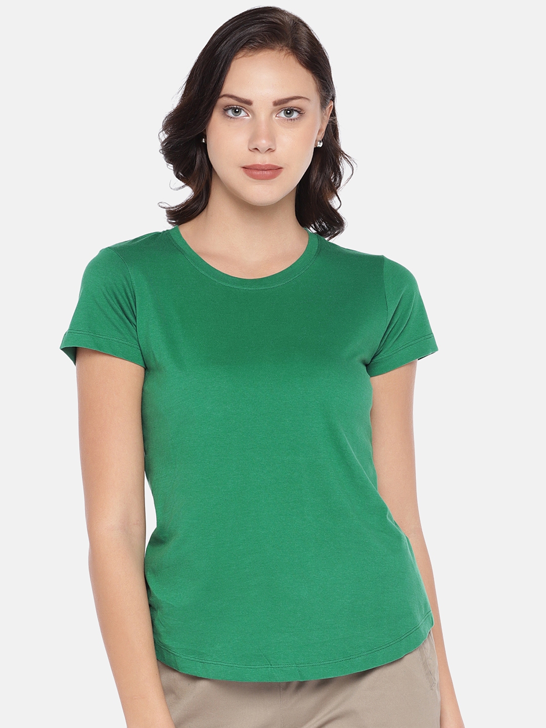 Buy Cottonworld Women Green Solid Round Neck T Shirt - Tshirts for ...