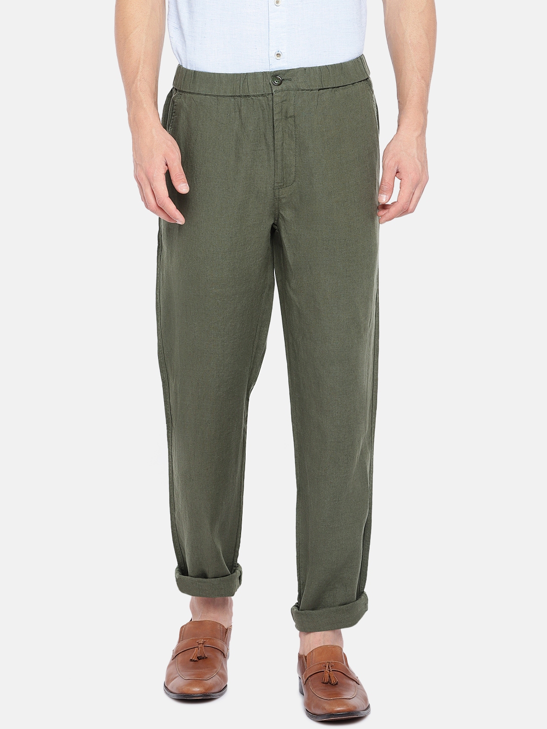 Buy Cottonworld Men Olive Green Regular Fit Solid Regular Trousers ...