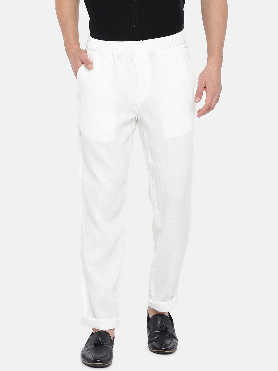 Buy Cottonworld Men White Regular Fit Solid Regular Trousers Trousers