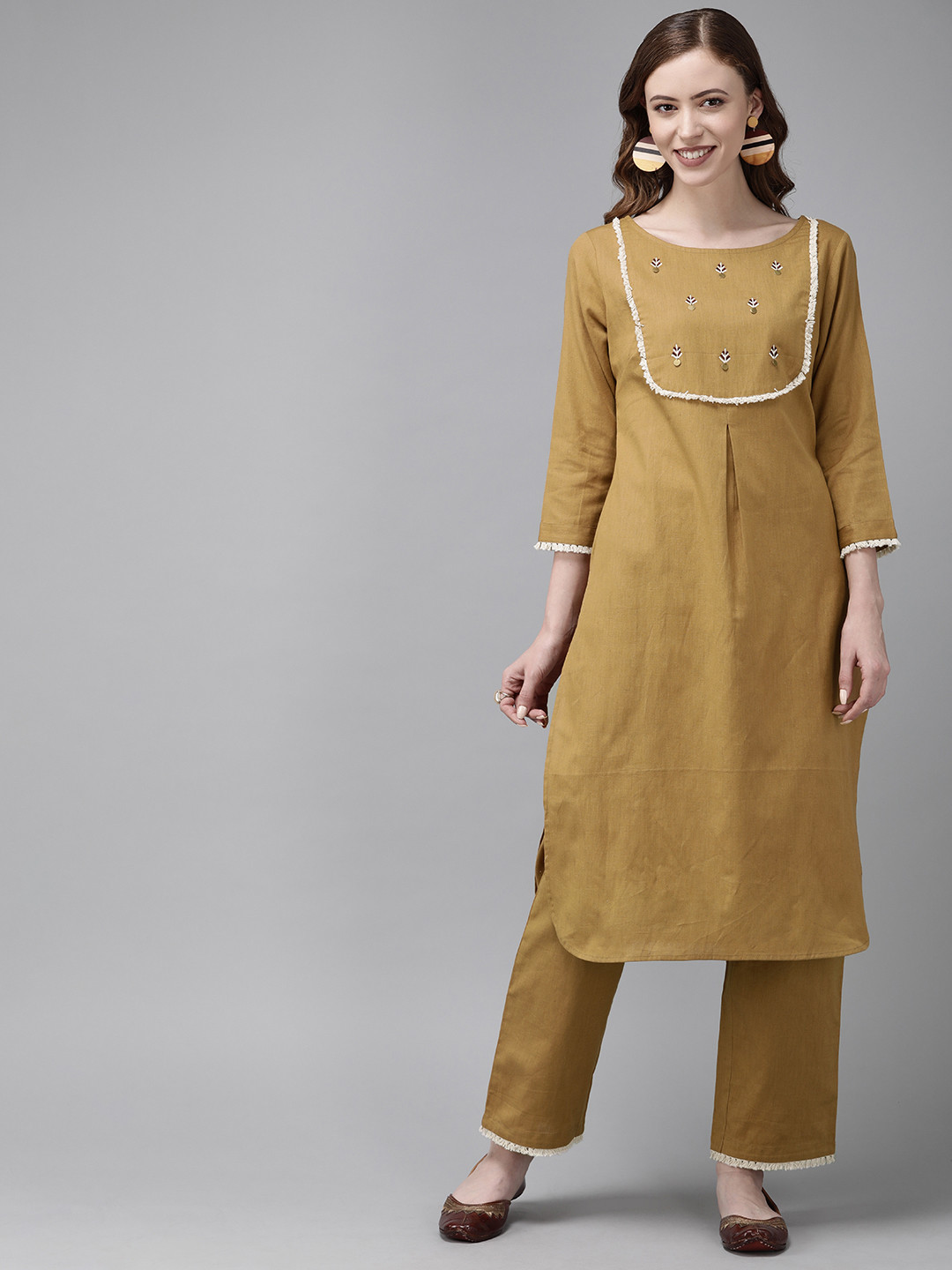 Buy Anouk Women Mustard Yellow Solid Kurta With Palazzos Kurta Sets