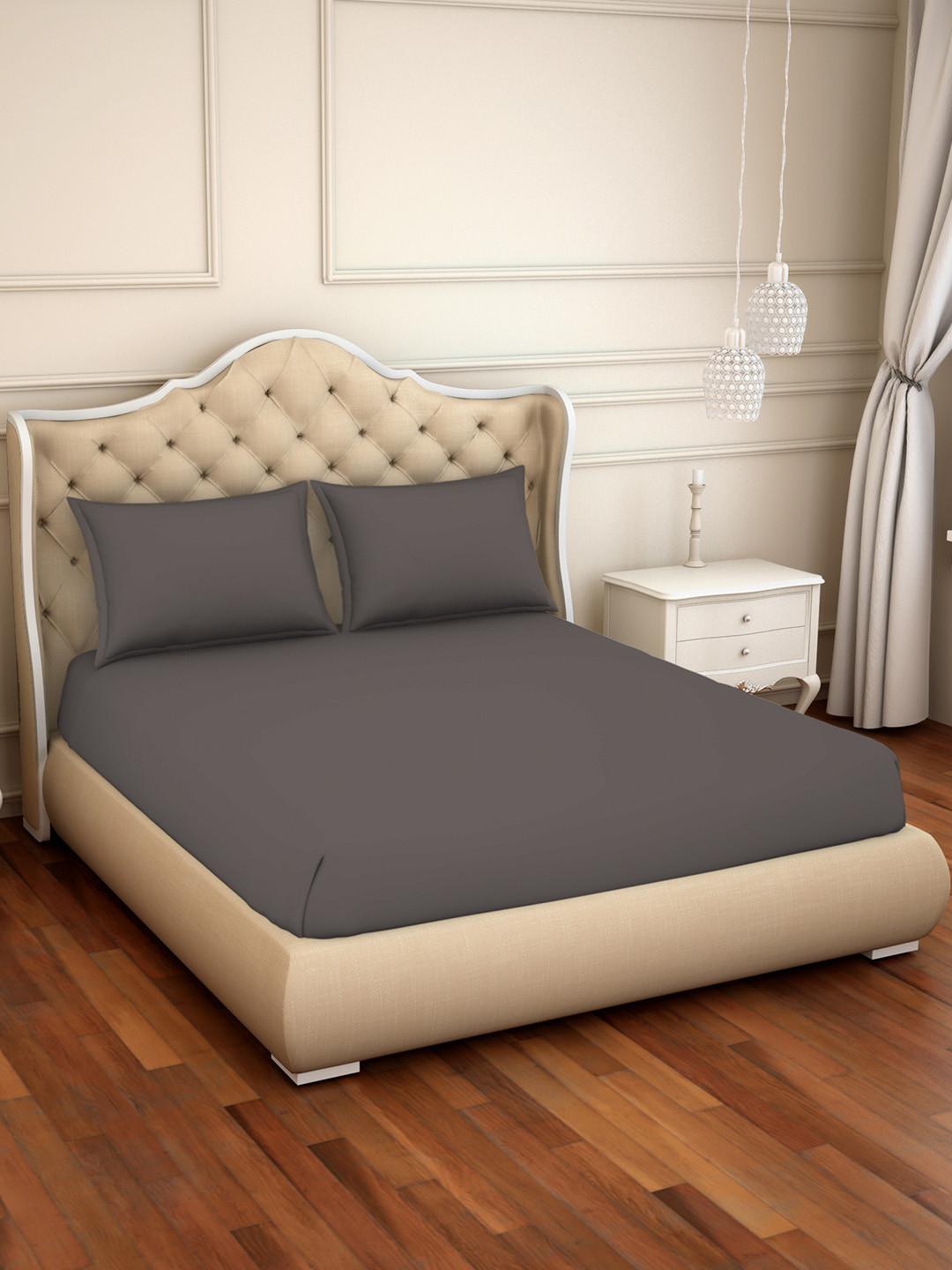Buy SPACES Grey Solid 300 TC Cotton 1 Queen Bedsheet With 2 Pillow