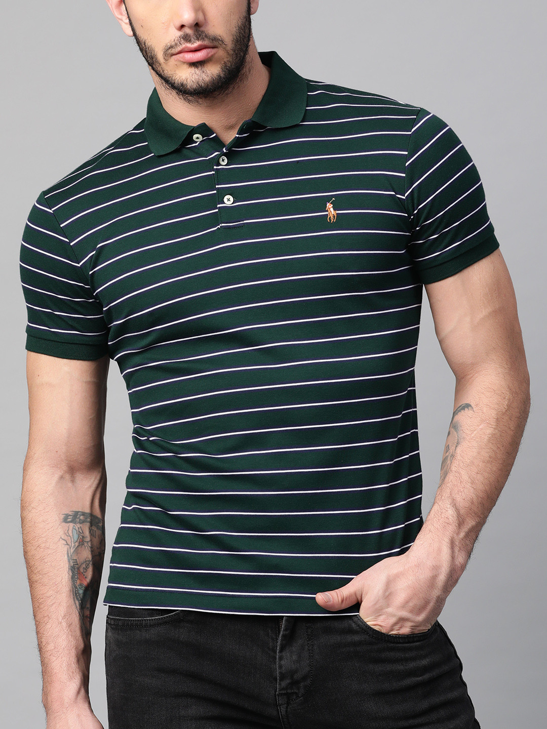 Men’s White & Teal Line Pattern Polo T-Shirt