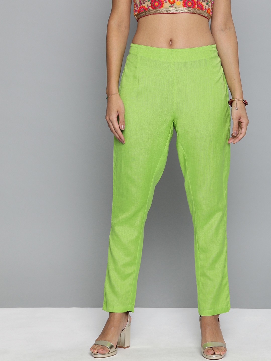 Buy HERE&NOW Women Lime Green Regular Fit Solid Trousers - Trousers for ...