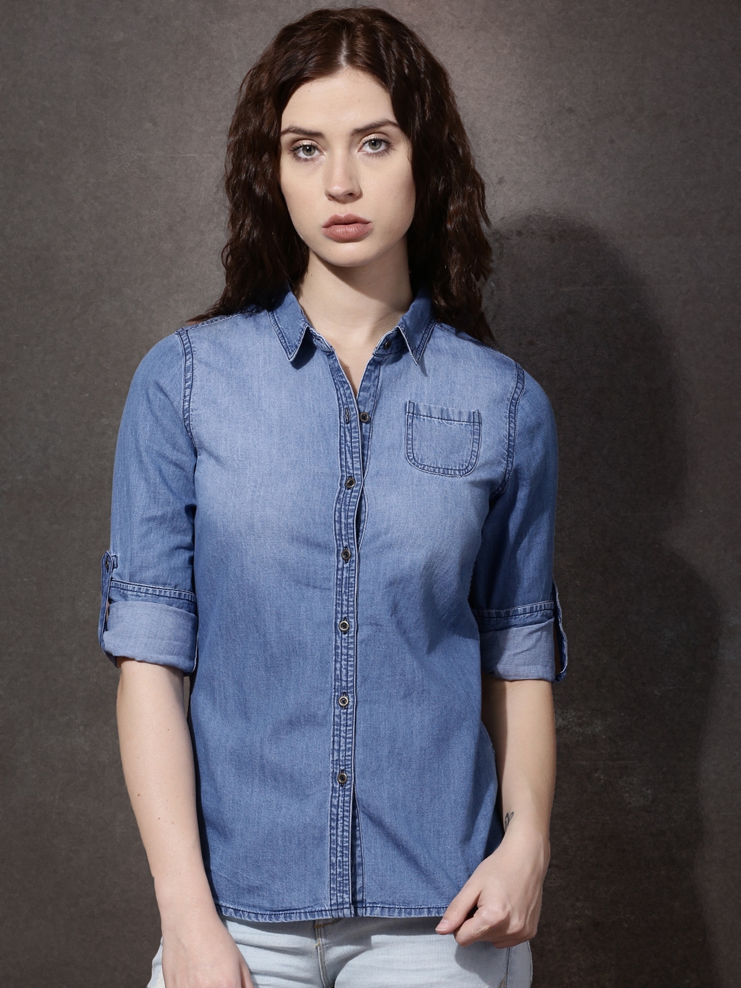 Buy Roadster Blue Washed Denim Casual Shirt - Shirts for Women 1113743 ...