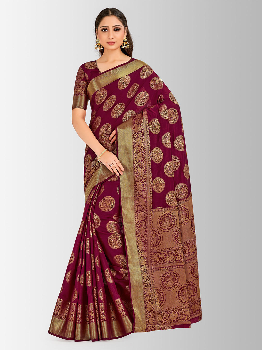 Buy MIMOSA Burgundy Art Silk Embellished Kanjeevaram Saree Sarees for