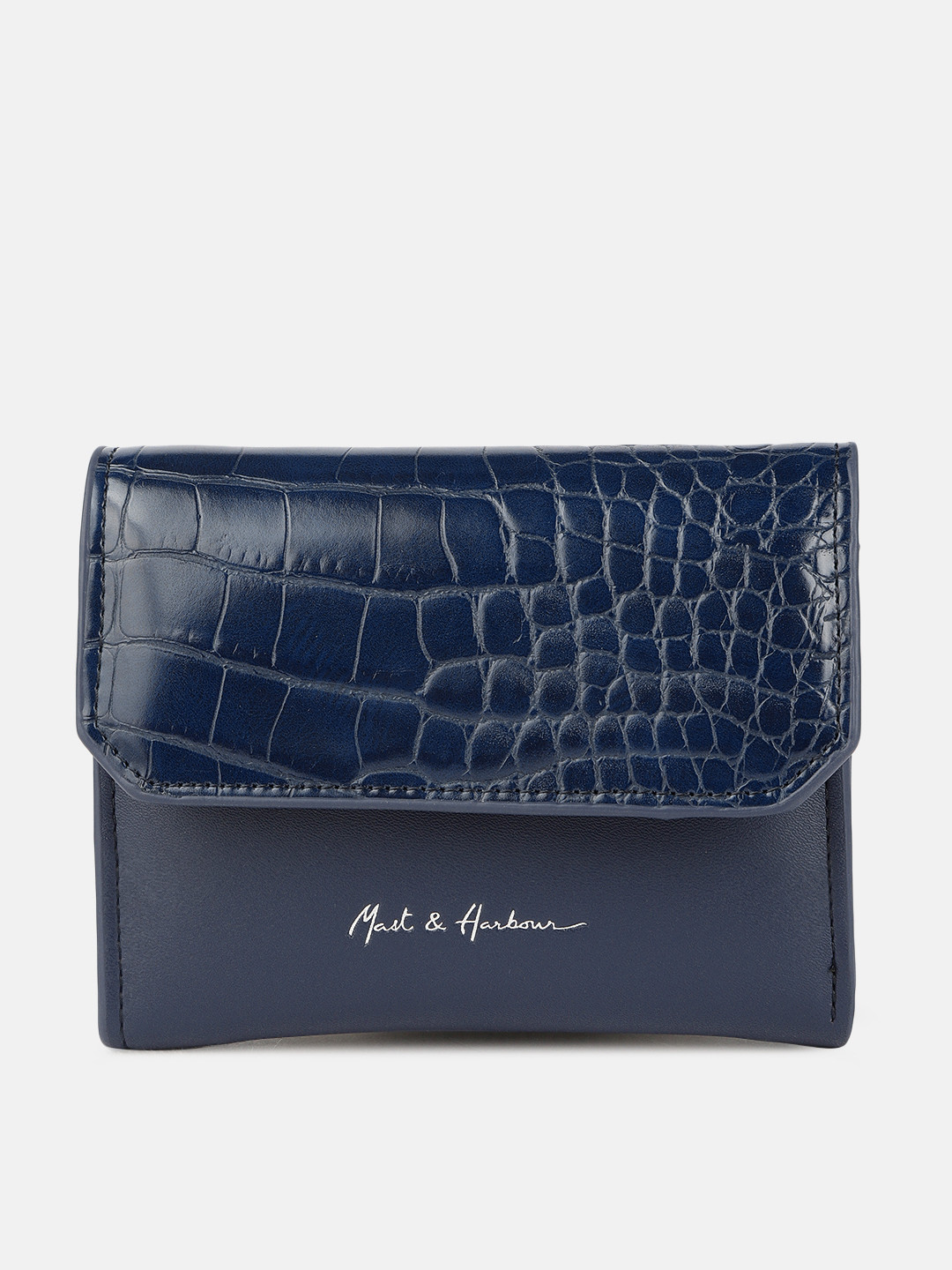 Buy Mast & Harbour Women Navy Blue Croc Textured Three Fold Wallet