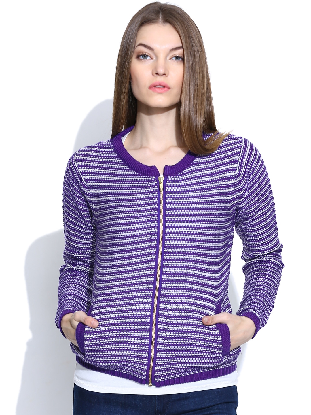 Buy Van Heusen Woman Purple & Off White Cardigan - Sweaters for Women ...