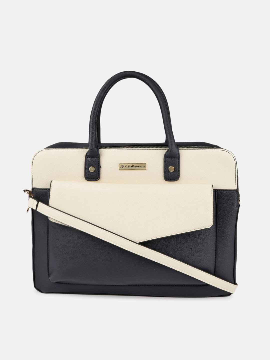 Buy Mast & Harbour Off White & Navy Blue Colourblocked Laptop Bag