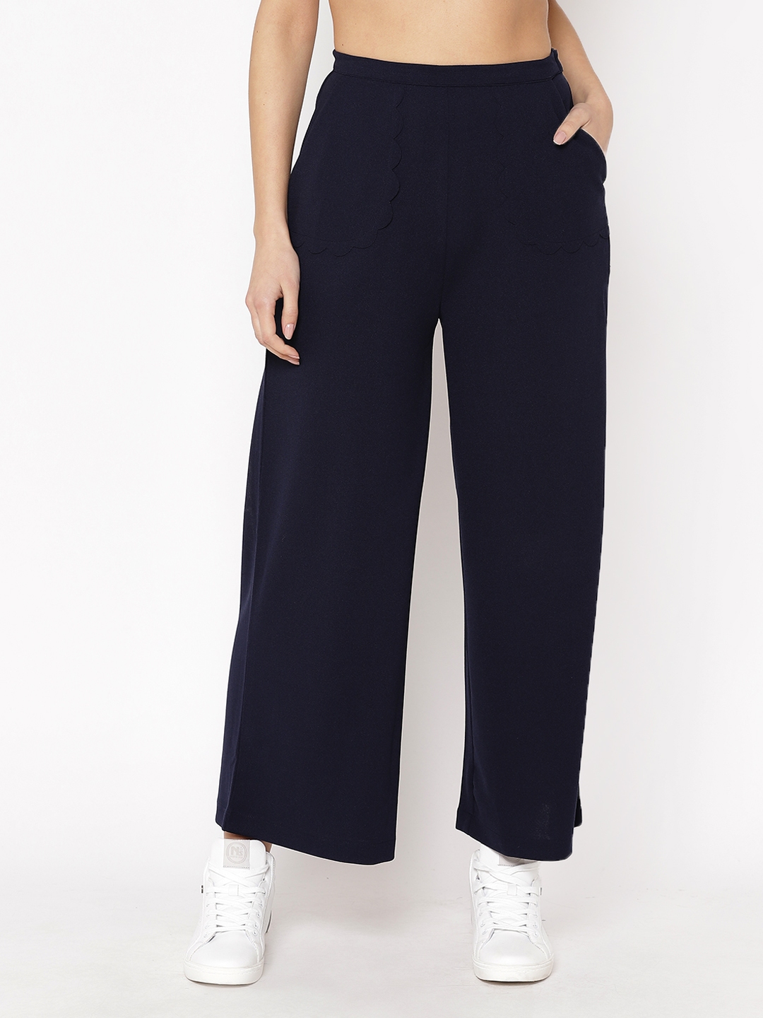Buy Carlton London Women Navy Blue Straight Fit Solid Parallel Trousers ...