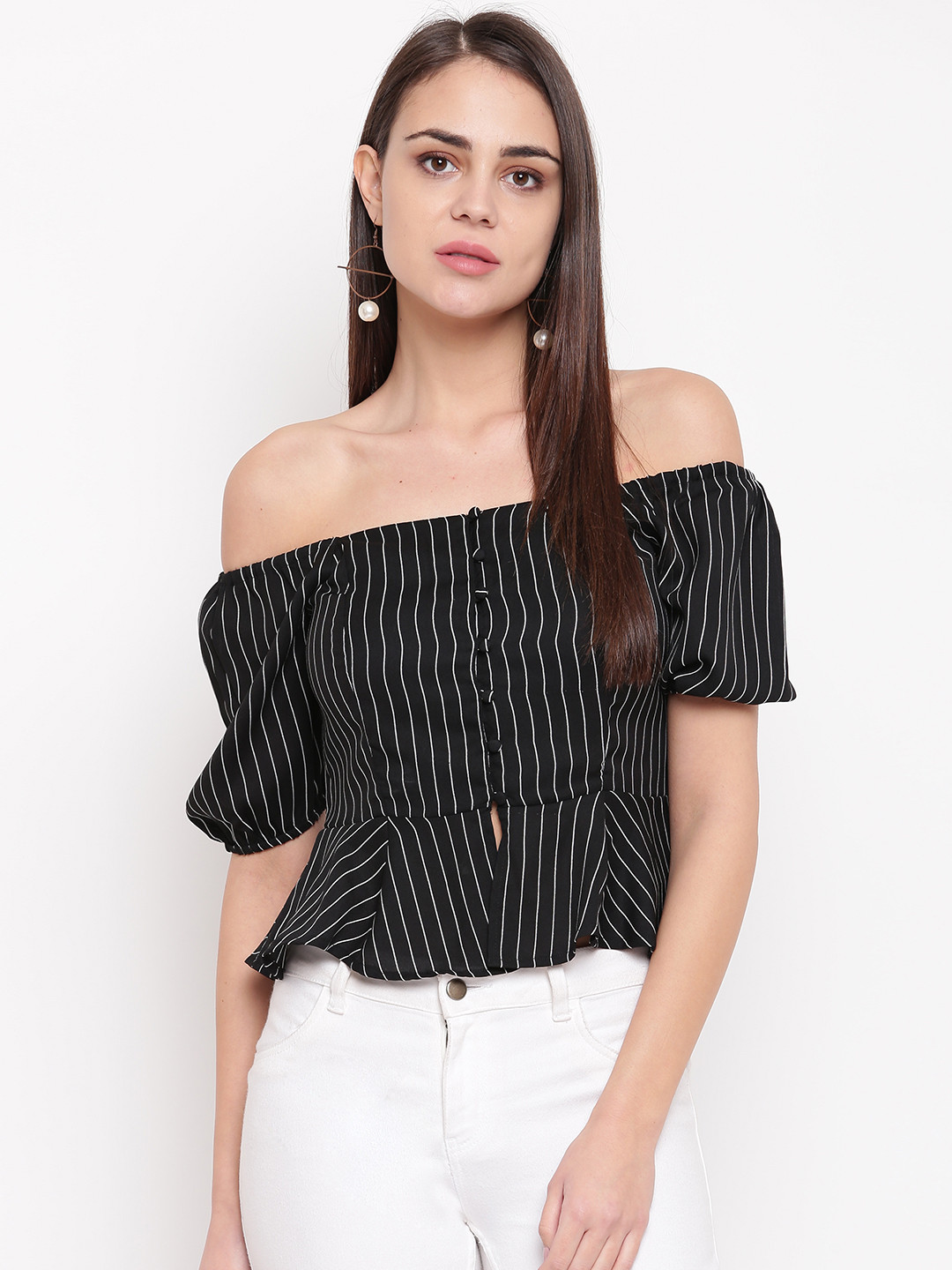 Buy RARE Women Black & White Striped Bardot Top Tops for Women