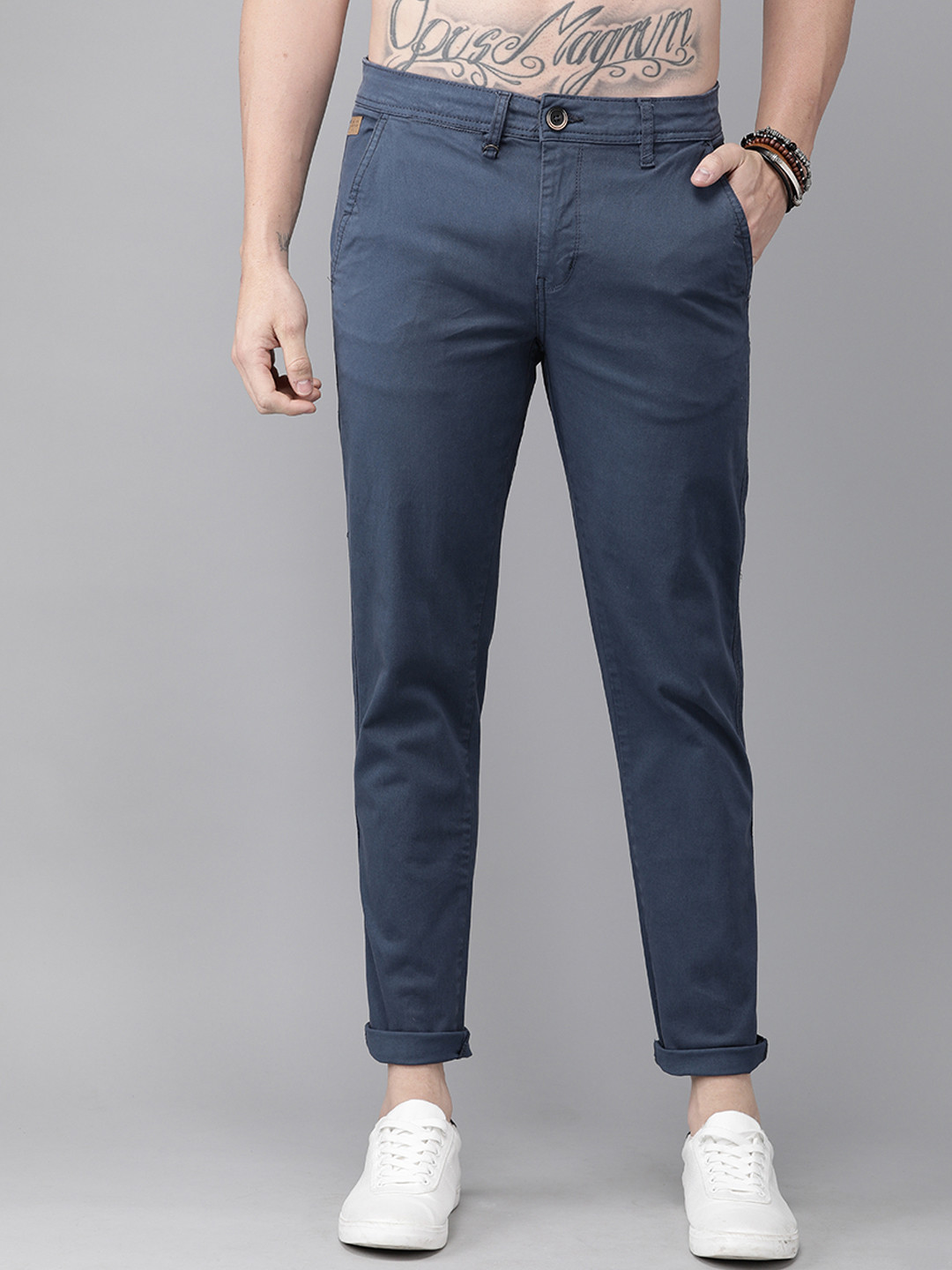 Buy Roadster Men Navy Blue Regular Fit Solid Chinos - Trousers for Men ...