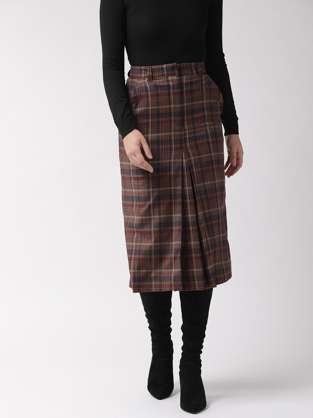 Buy Marks & Spencer Women Brown & Navy Blue Checked Straight Skirt