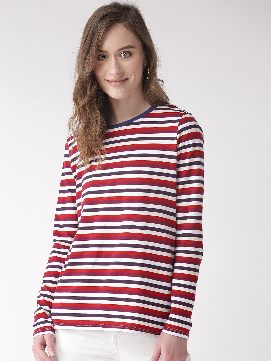 Buy Marks & Spencer Women Red & White Striped Round Neck T Shirt