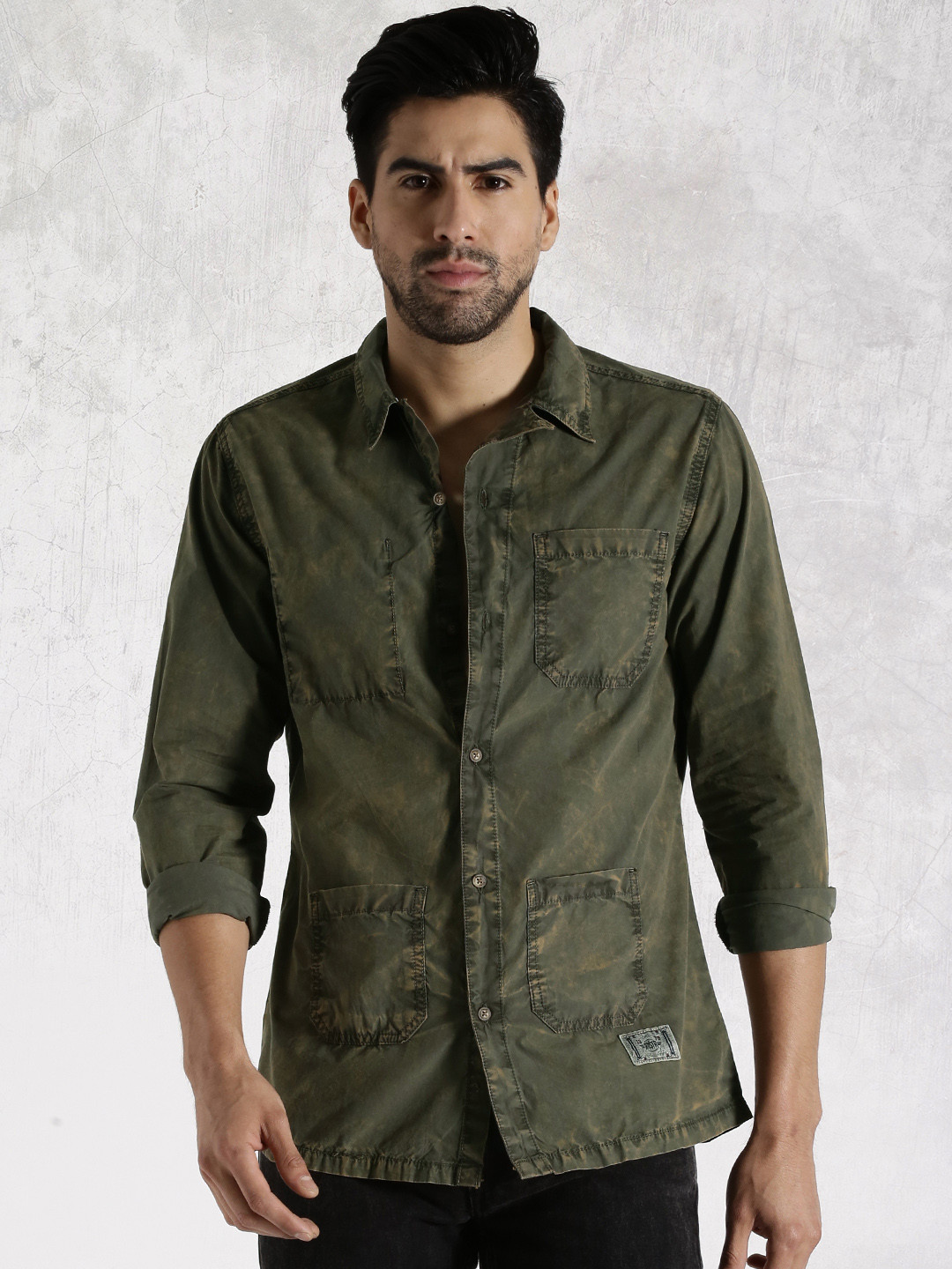 Buy RDSTR Olive Green Washed Utility Casual Shirt Shirts for Men