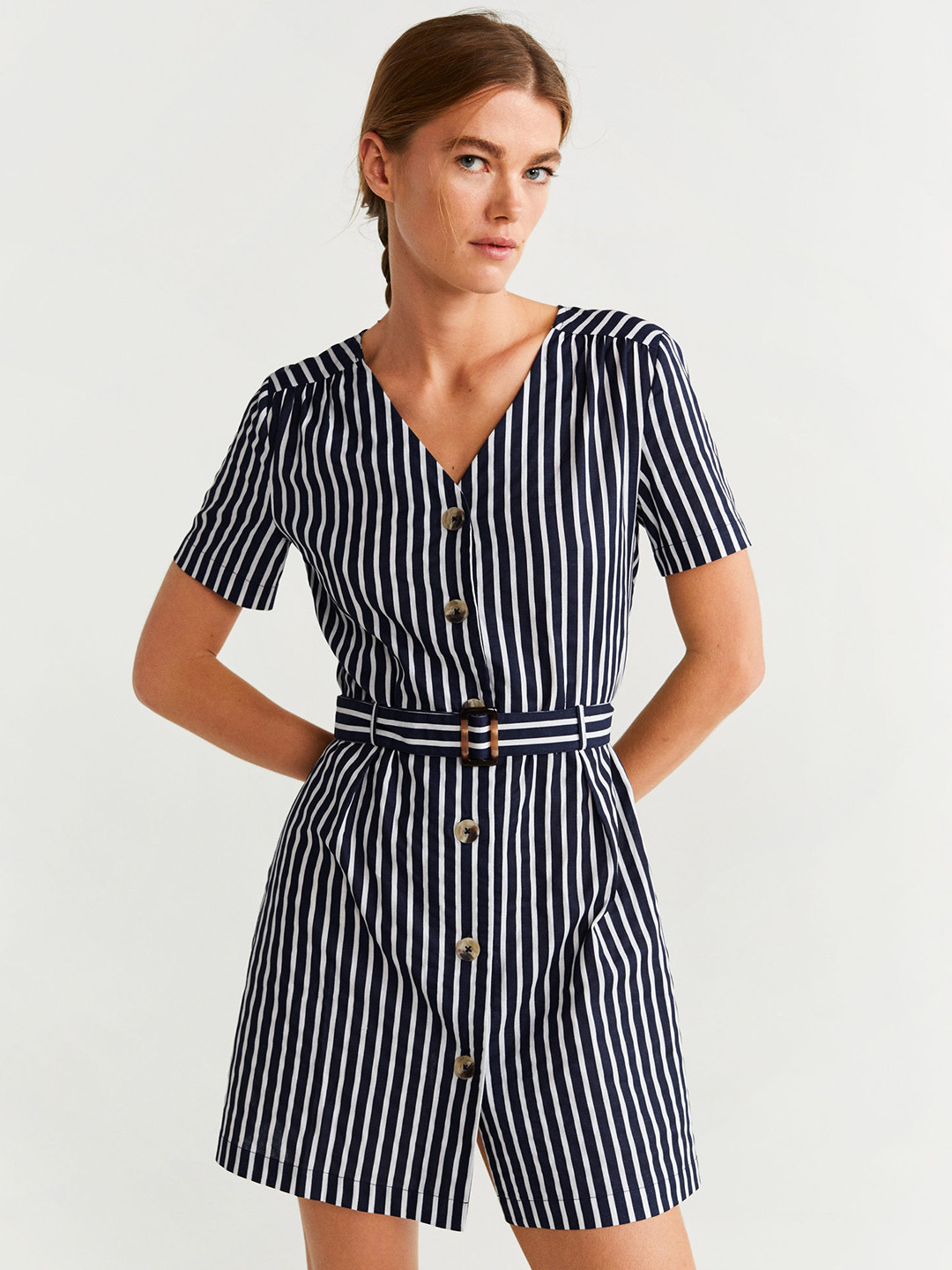 Buy MANGO Women Navy Blue & White Striped A Line Dress
