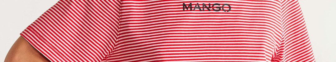 Buy MANGO Women Red White Striped Round Neck Pure Cotton T Shirt ...